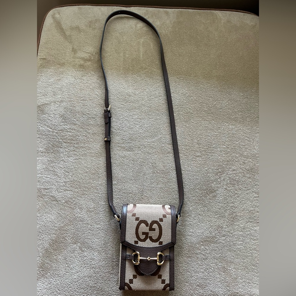 Gucci Jumbo GG Mini Messenger Phone Bag in Logo Canvas Camel Ebony - Picture 13 of 13